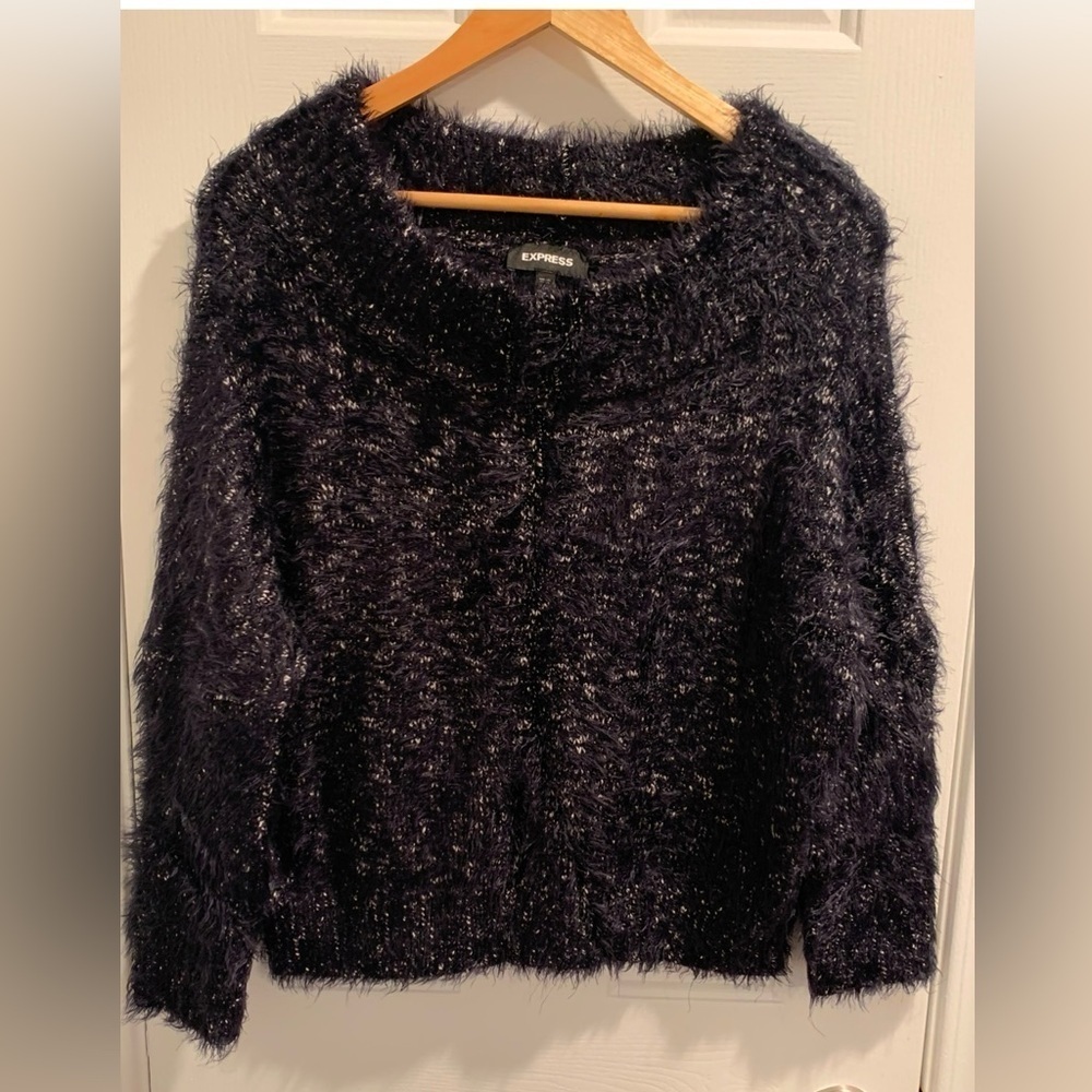 Express Off The Shoulder Women’s Fuzzy Eyelash Sweater w/ Thumbholes Size SP BLk